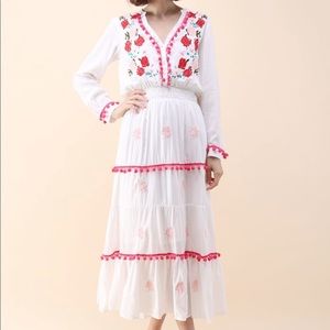 Chicwish White Midi Dress with Pink & Red Embroidery